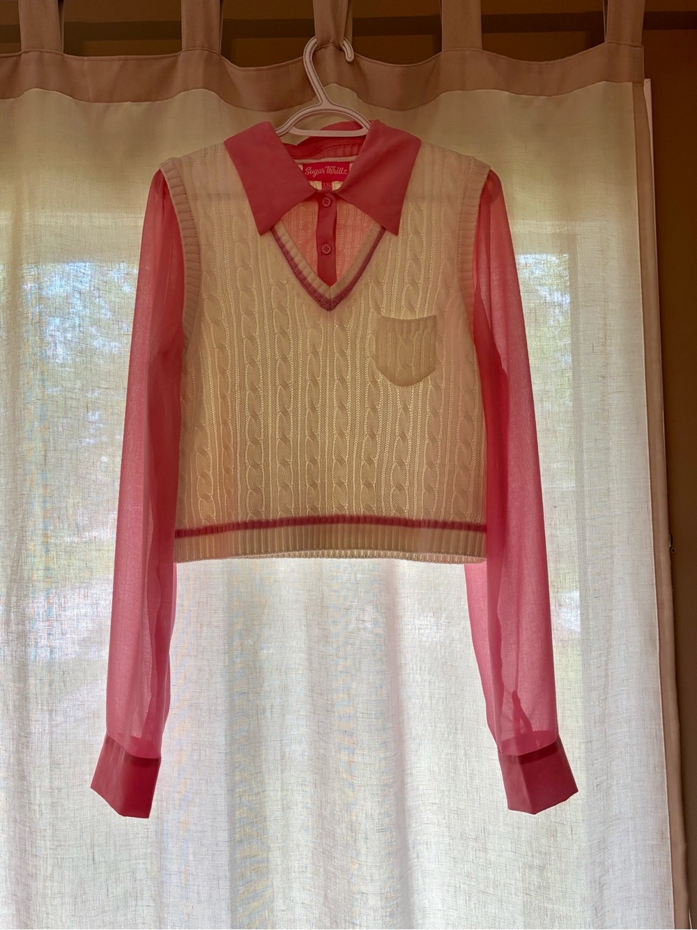 Cream Cable Crop Knit Vest with Pink Sheer Shirt Layered Top